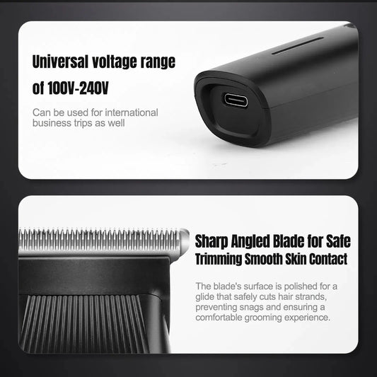 Close-up of the main trimmer handle showing its textured grip and single-button power control.