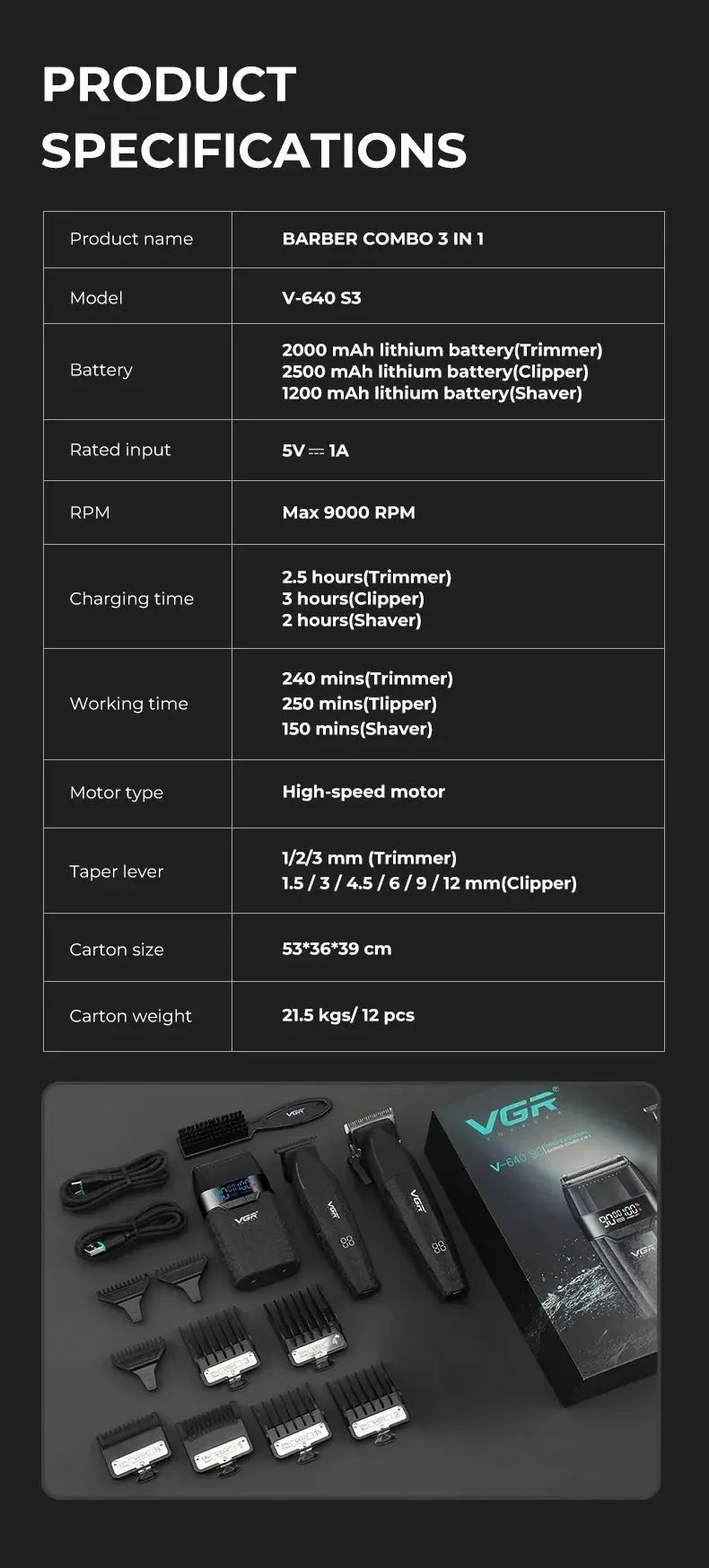 VGR Hair Trimmer Professional Hair Cutting Machine 9000 RPM Barber Shaver Cordless Hair Clipper LED Trimmer for Men V-640 S3 - HAB - Hair And Beauty