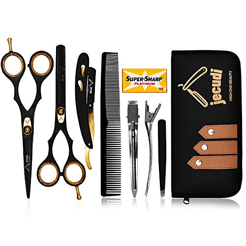Hair Cutting Scissors - Jecudi Professional Barber Hair Scissors Set - 6.5" Japanese Stainless Steel - Includes Cutting, Thinning Shears, Tweezer, Razor, 10 Blades, Comb, Clips, In Gift Case - HAB
