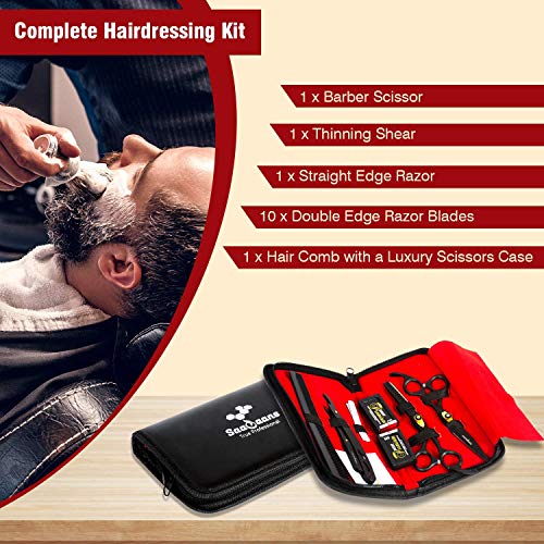 Saaqaans MSS-04 Stylish Haircut Scissors Set - Hair Cutting Scissor for Barber/Hairdresser/Hair Salon + Texture/Thinning Hairdressing Shear for Beautician + Straight Edge Razor + 10 Blades with Case - HAB