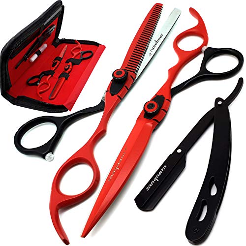 Saaqaans MSS-04 Stylish Haircut Scissors Set - Hair Cutting Scissor for Barber/Hairdresser/Hair Salon + Texture/Thinning Hairdressing Shear for Beautician + Straight Edge Razor + 10 Blades with Case - HAB