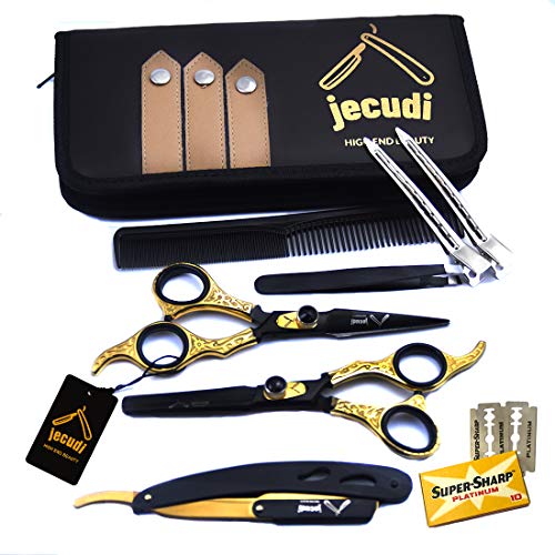 Hair Cutting Scissors - Jecudi Professional Barber Hair Scissors Set - 6.5" Japanese Stainless Steel - Includes Cutting, Thinning Shears, Tweezer, Razor, 10 Blades, Comb, Clips, In Gift Case - HAB