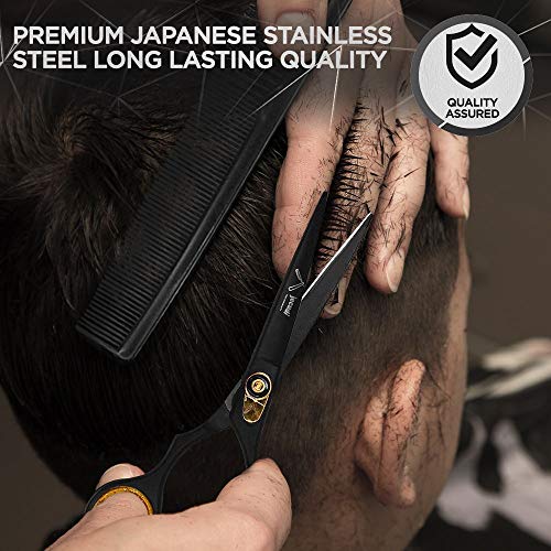 Hair Cutting Scissors - Jecudi Professional Barber Hair Scissors Set - 6.5" Japanese Stainless Steel - Includes Cutting, Thinning Shears, Tweezer, Razor, 10 Blades, Comb, Clips, In Gift Case - HAB
