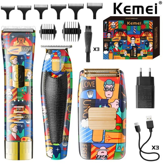 Kemei 3-in-1 professional grooming kit with hair trimmer, beard clipper, and electric shaver with accessories