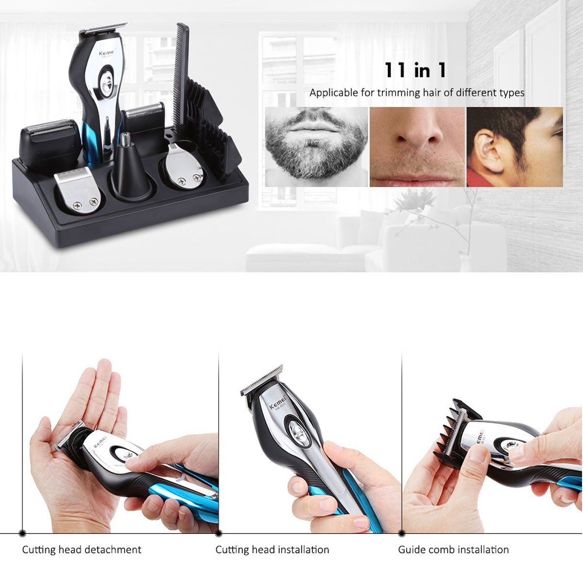 KEMEI Rechargeable Electric Hair Trimmers 11 in 1 Hair Clipper Electric Shaver Beard Trimmer Men Shaving Machine Nose Trimmer - HAB