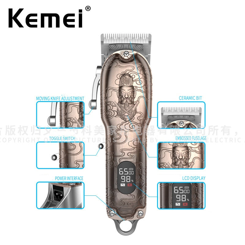 Kemei Professional Rechargeable Hair Clipper for Barber 10W Powerful 2500mAh Li-on Battery Cordless/Corded Bronze Embossed Body - HAB