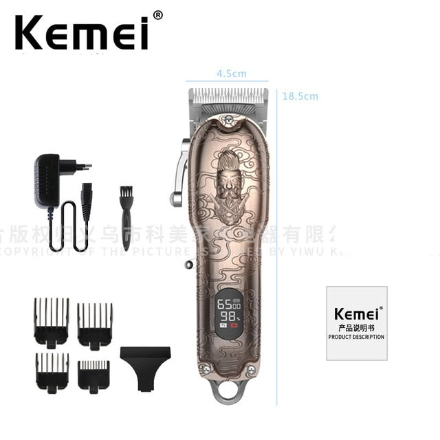 Kemei Professional Rechargeable Hair Clipper for Barber 10W Powerful 2500mAh Li-on Battery Cordless/Corded Bronze Embossed Body - HAB