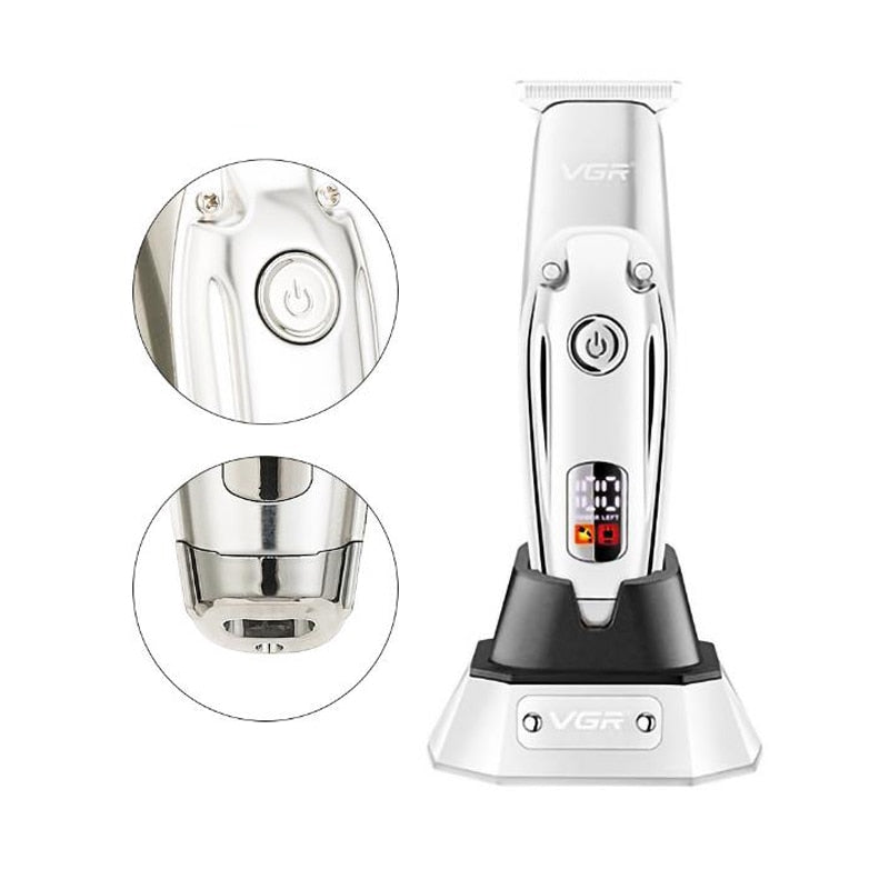 vgr electric hair trimmer cordless rechargeable hair clipper haircut beard trimmer 10W oil head clipper white metal LED oil head - HAB