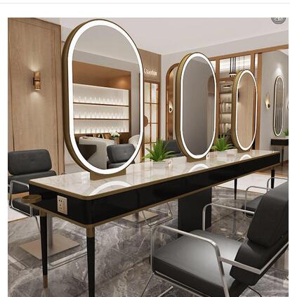Barber shop mirror table hairdressing mirror hair salon special hair cutting mirror with lamp marble mirror table - HAB