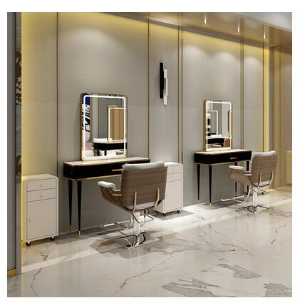 Barber shop mirror table hairdressing mirror hair salon special hair cutting mirror with lamp marble mirror table - HAB