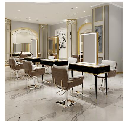Barber shop mirror table hairdressing mirror hair salon special hair cutting mirror with lamp marble mirror table - HAB