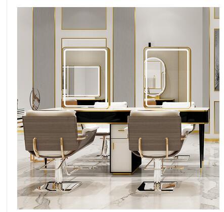 Barber shop mirror table hairdressing mirror hair salon special hair cutting mirror with lamp marble mirror table - HAB