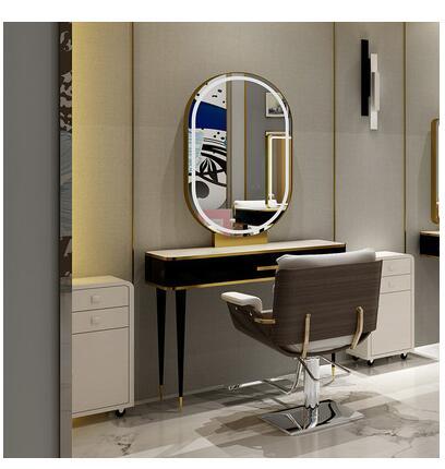 Barber shop mirror table hairdressing mirror hair salon special hair cutting mirror with lamp marble mirror table - HAB