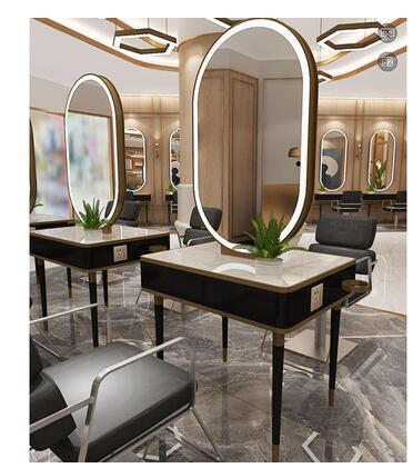 Barber shop mirror table hairdressing mirror hair salon special hair cutting mirror with lamp marble mirror table - HAB