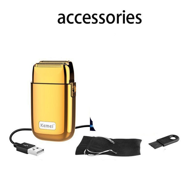 Kemei Pro Barberology Metal Double Foil Shaver Titanium Super Close Razor Cordless Zero Retractable Trimmer for Finishing Gold - HAB