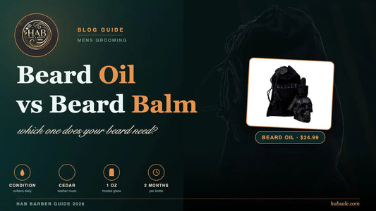 Beard oil vs beard balm comparison guide with No.13 beard oil bottle