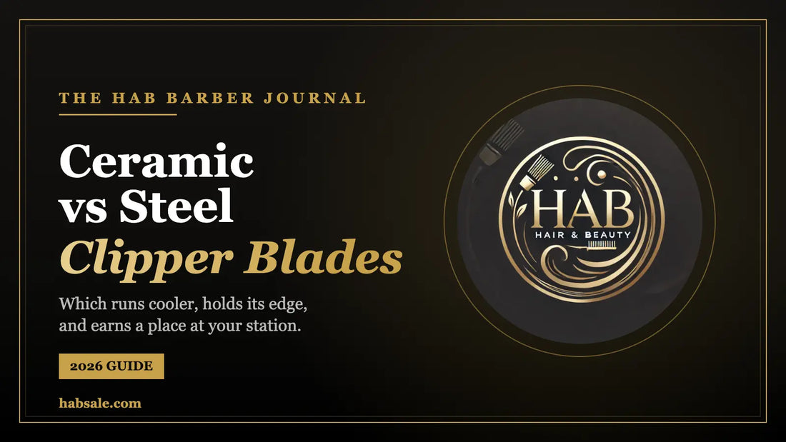 HAB premium cover, Ceramic vs Steel Clipper Blades 2026, gold logo emblem