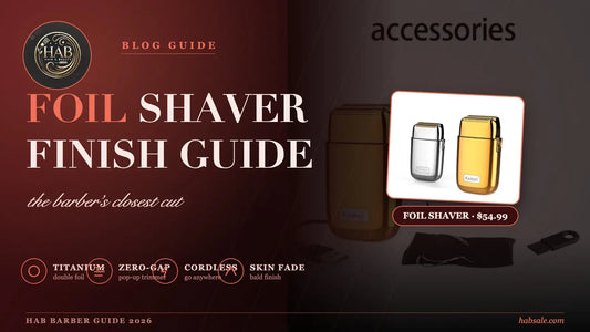 Foil shaver finish guide 2026 cover with the Kemei Pro KM-TX1 double foil shaver and HAB logo on a crimson gradient.