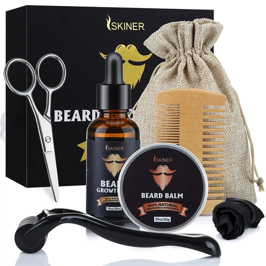 Complete beard grooming kit — oil, brush, comb, scissors