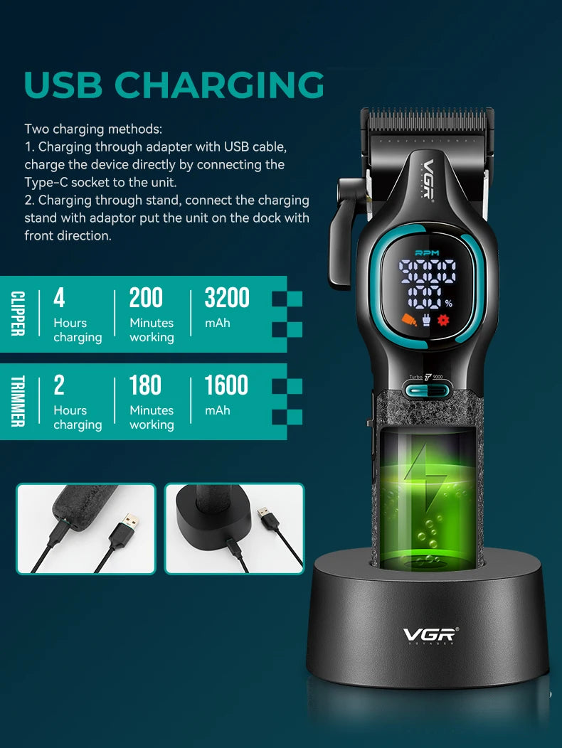 VGR high-end hair trimmer two-piece set metal body 9000 RPM hair clipper alloy blade head oil head carving push shear V-886 S2 - HAB - Hair And Beauty