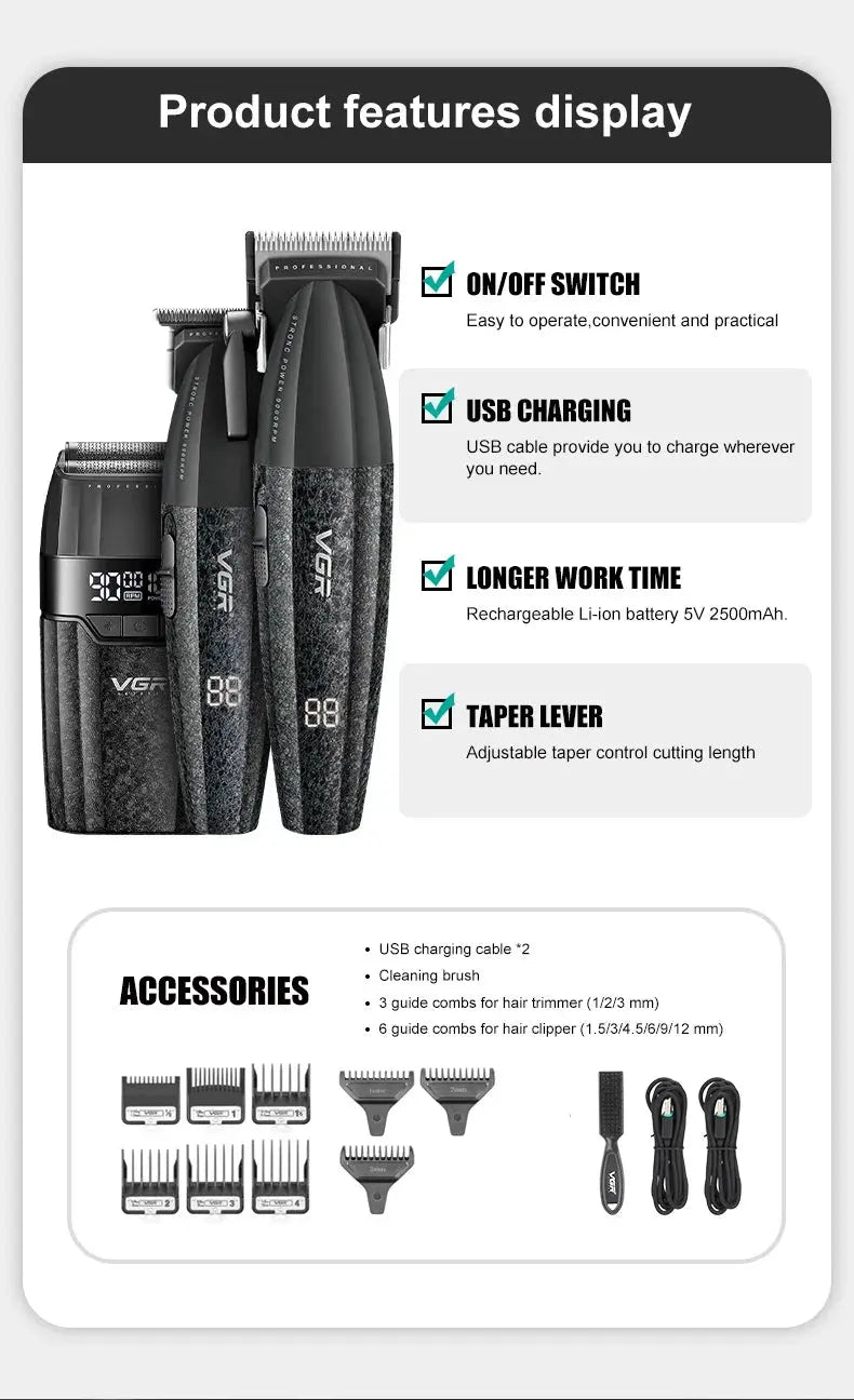 VGR Hair Trimmer Professional Hair Cutting Machine 9000 RPM Barber Shaver Cordless Hair Clipper LED Trimmer for Men V-640 S3 - HAB - Hair And Beauty