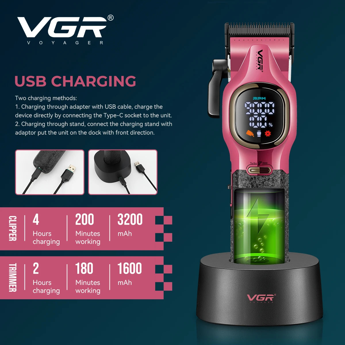 VGR high-end hair trimmer two-piece set metal body 9000 RPM hair clipper alloy blade head oil head carving push shear V-886 S2 - HAB - Hair And Beauty