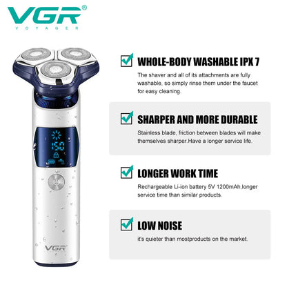 VGR 328 Men's Professional Shaver Metal Floating Three Blade Household Shaver LED Intelligent Digital Hair Trimming Machine - HAB - Hair And Beauty