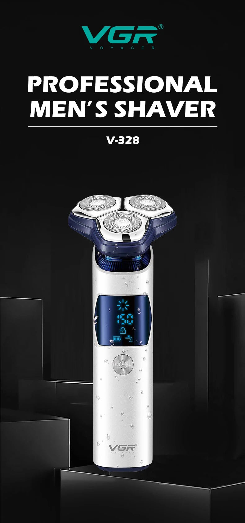 VGR 328 Men's Professional Shaver Metal Floating Three Blade Household Shaver LED Intelligent Digital Hair Trimming Machine - HAB - Hair And Beauty