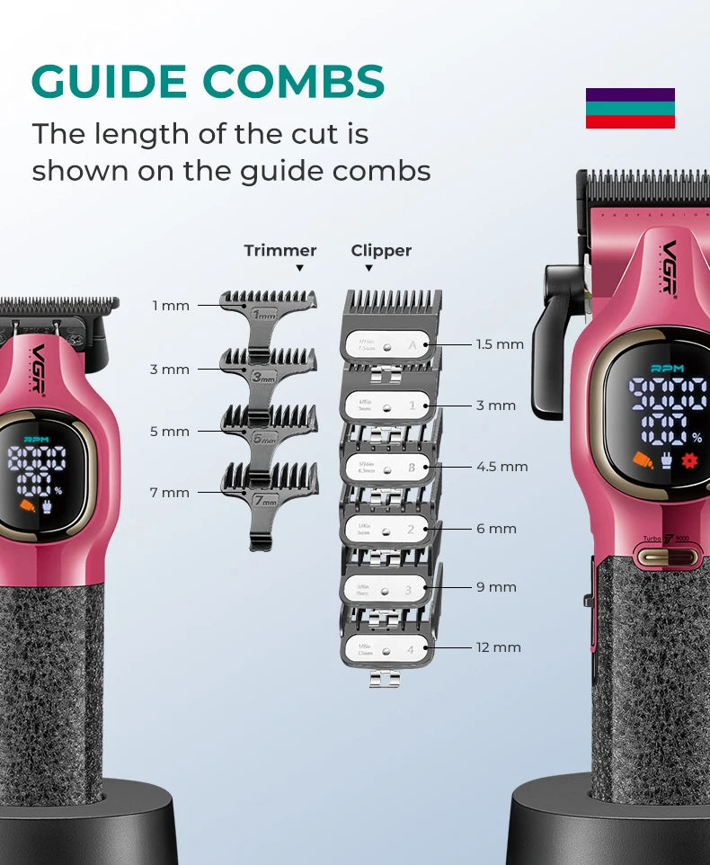 VGR high-end hair trimmer two-piece set metal body 9000 RPM hair clipper alloy blade head oil head carving push shear V-886 S2 - HAB - Hair And Beauty
