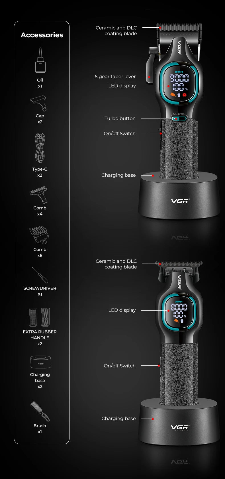 VGR high-end hair trimmer two-piece set metal body 9000 RPM hair clipper alloy blade head oil head carving push shear V-886 S2 - HAB - Hair And Beauty