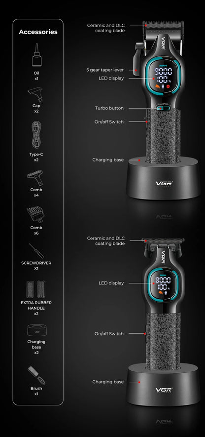 VGR high-end hair trimmer two-piece set metal body 9000 RPM hair clipper alloy blade head oil head carving push shear V-886 S2 - HAB - Hair And Beauty