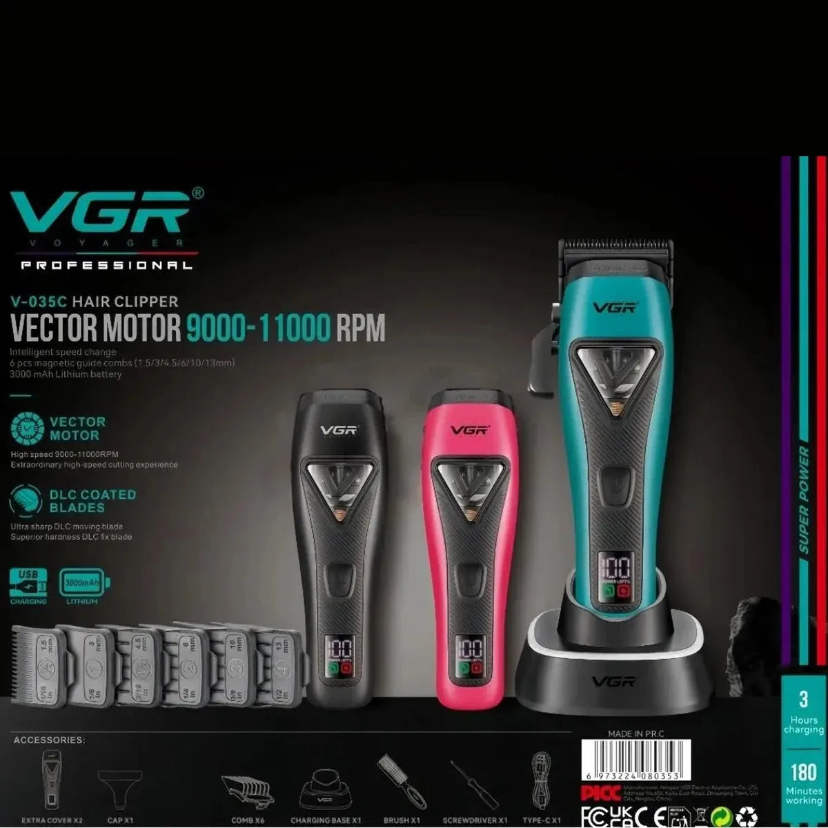 VGR Hair Trimmer Professional Hair Cutting Machine LED Cordless Barber Clipper Vector Motor 11000 RPM Hair Trimmer for Men V-035 - HAB - Hair And Beauty