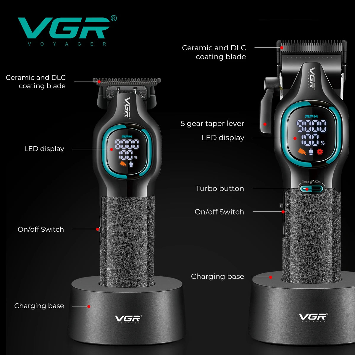 VGR high-end hair trimmer two-piece set metal body 9000 RPM hair clipper alloy blade head oil head carving push shear V-886 S2 - HAB - Hair And Beauty