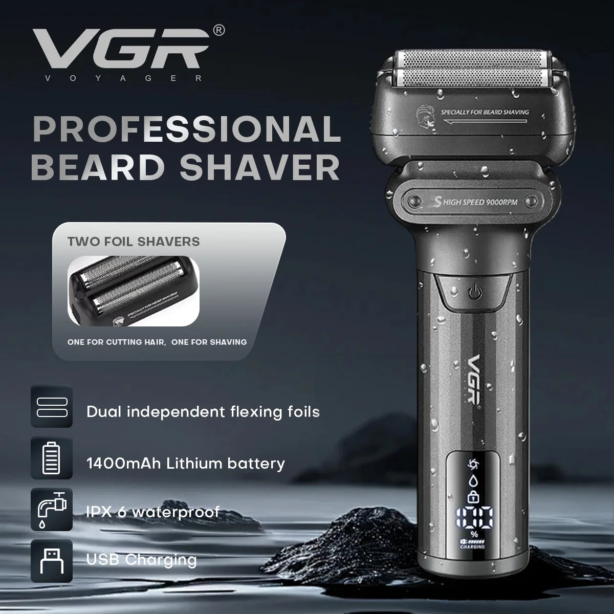 VGR Electric Shaver Professional Shaving Machine 9000 RPM Beard Trimmer LED Display Reciprocating Shaving Machine for Men V-368 - HAB - Hair And Beauty