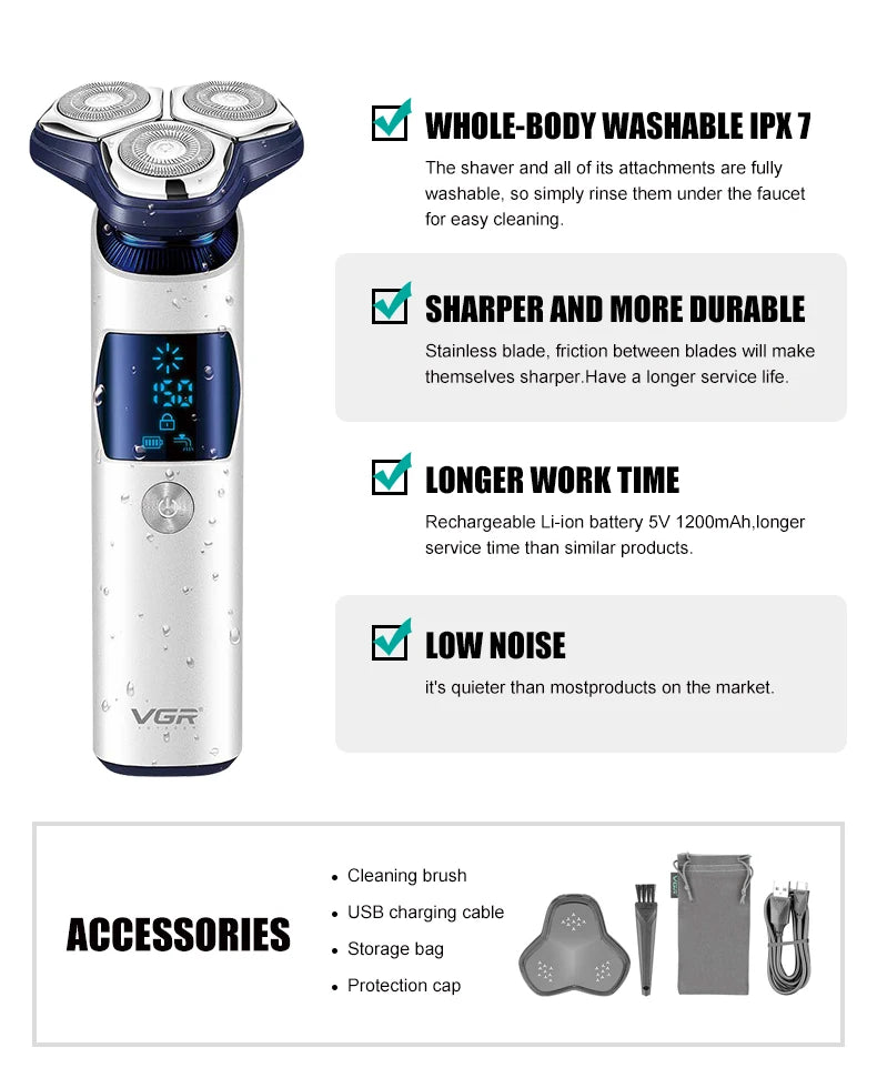 VGR 328 Men's Professional Shaver Metal Floating Three Blade Household Shaver LED Intelligent Digital Hair Trimming Machine - HAB - Hair And Beauty
