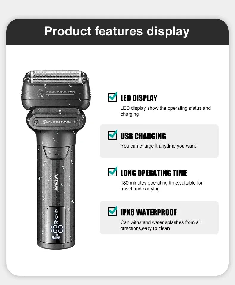 VGR Electric Shaver Professional Shaving Machine 9000 RPM Beard Trimmer LED Display Reciprocating Shaving Machine for Men V-368 - HAB - Hair And Beauty