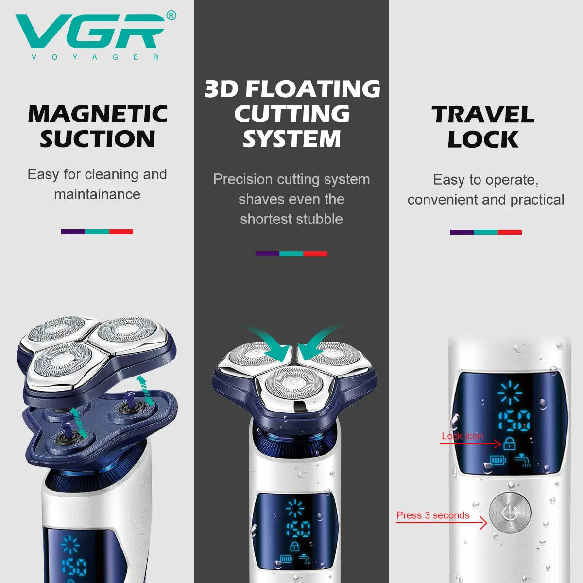 VGR 328 Men's Professional Shaver Metal Floating Three Blade Household Shaver LED Intelligent Digital Hair Trimming Machine - HAB - Hair And Beauty