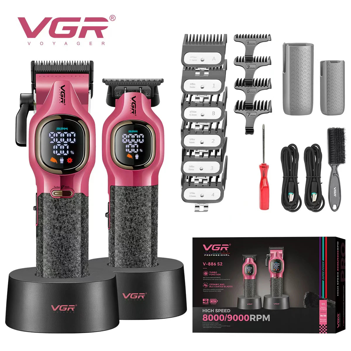 VGR high-end hair trimmer two-piece set metal body 9000 RPM hair clipper alloy blade head oil head carving push shear V-886 S2 - HAB - Hair And Beauty