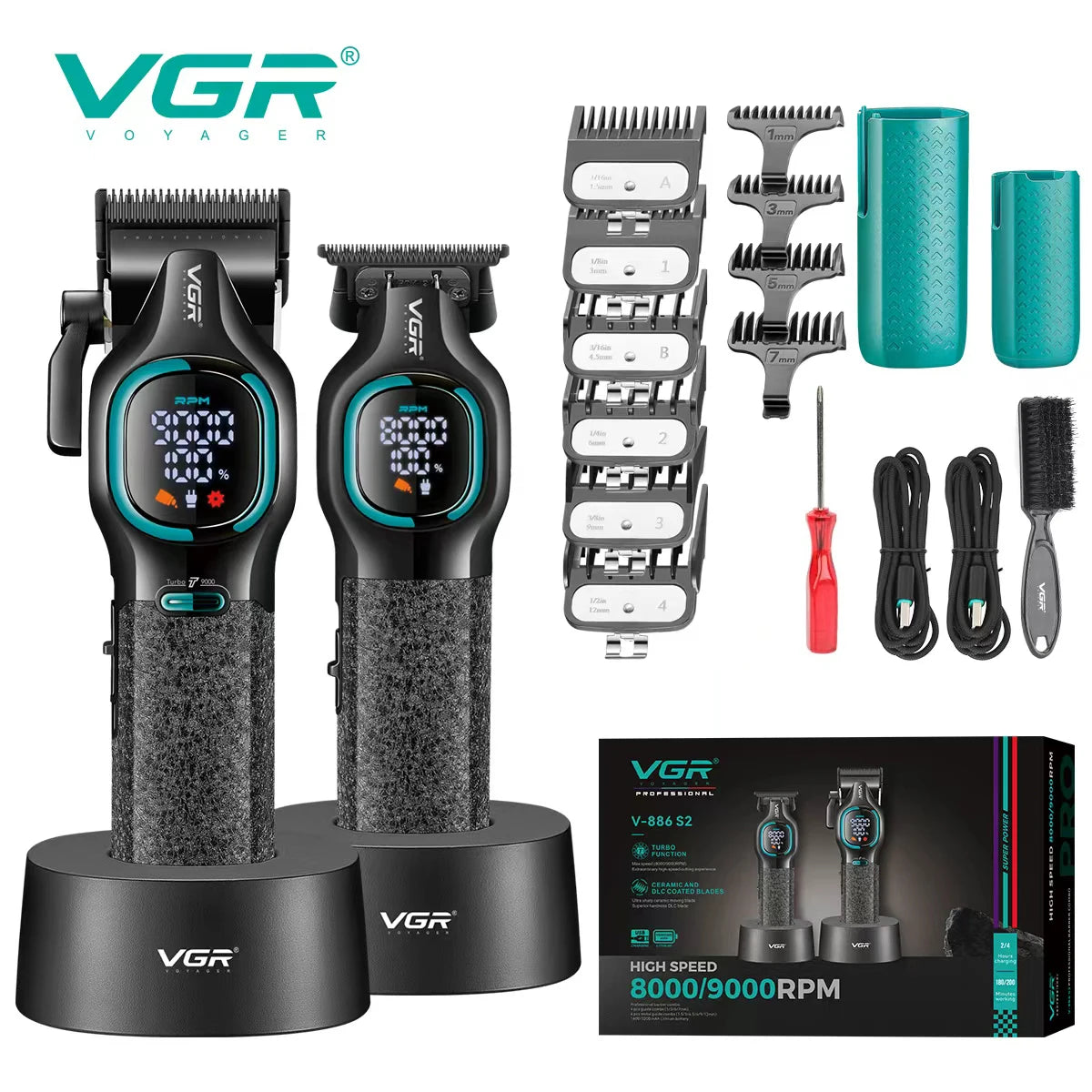 VGR high-end hair trimmer two-piece set metal body 9000 RPM hair clipper alloy blade head oil head carving push shear V-886 S2 - HAB - Hair And Beauty
