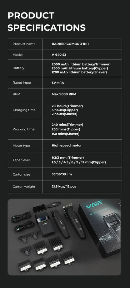 VGR Hair Trimmer Professional Hair Cutting Machine 9000 RPM Barber Shaver Cordless Hair Clipper LED Trimmer for Men V-640 S3 - HAB - Hair And Beauty