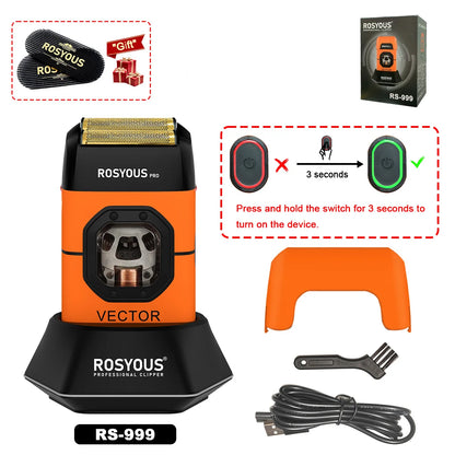 ROSYOUS RS-999 Man Electric Shaver 13000RPM Magnetic Vector Motor Full Metal with Dock 2000mAh Barbershop Beard Trimmer Machine - HAB - Hair And Beauty