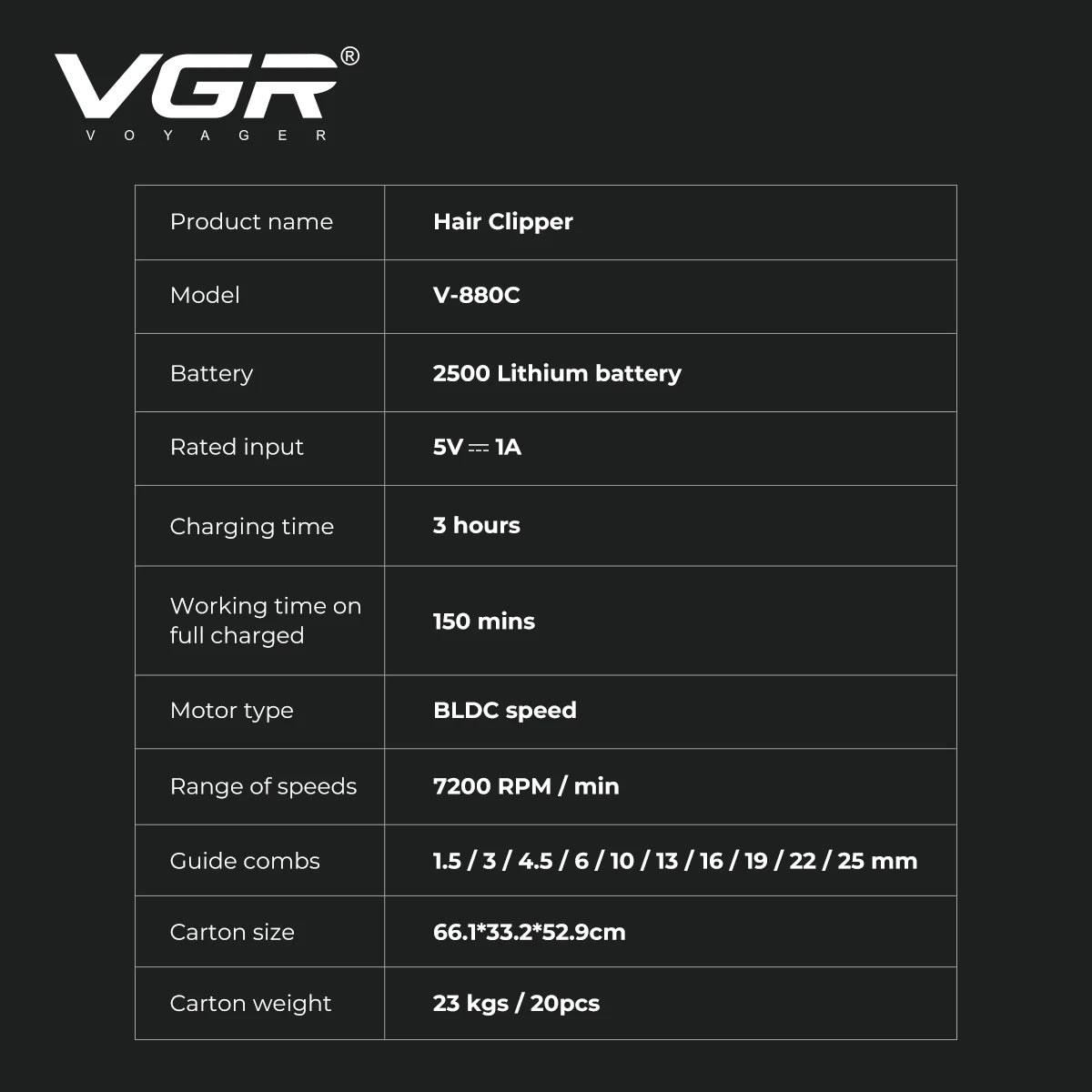 VGR Hair Trimmer Professional Hair Cut Machine Rechargeable Body Trimmer Electric Hair Clipper Adjustable Trimmer For Men V-880C - HAB - Hair And Beauty