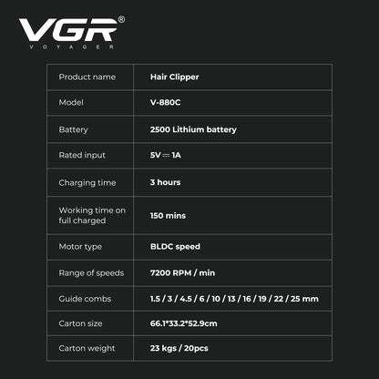 VGR Hair Trimmer Professional Hair Cut Machine Rechargeable Body Trimmer Electric Hair Clipper Adjustable Trimmer For Men V-880C - HAB - Hair And Beauty