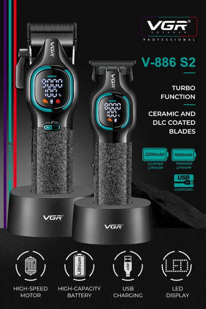 VGR high-end hair trimmer two-piece set metal body 9000 RPM hair clipper alloy blade head oil head carving push shear V-886 S2 - HAB - Hair And Beauty