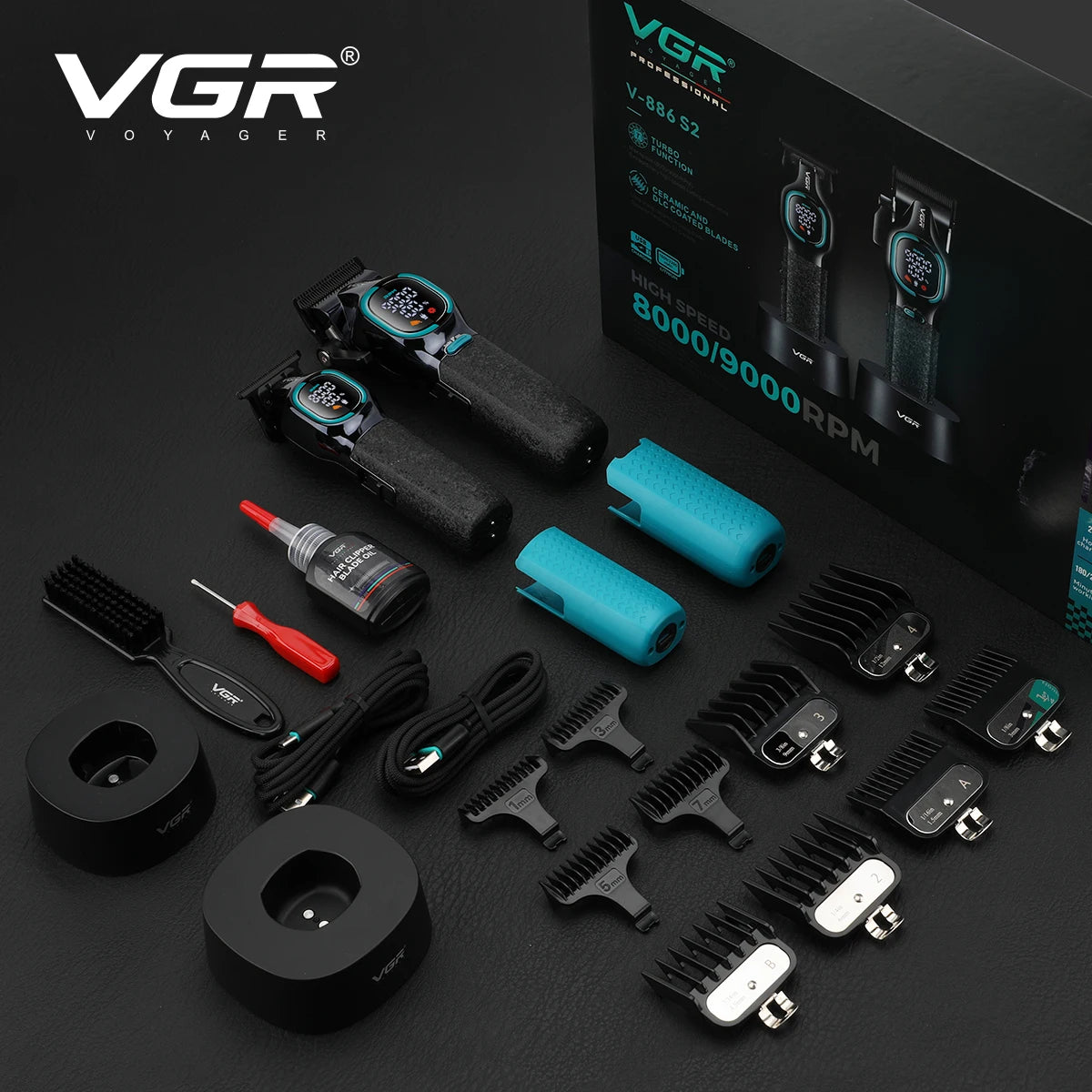 VGR high-end hair trimmer two-piece set metal body 9000 RPM hair clipper alloy blade head oil head carving push shear V-886 S2 - HAB - Hair And Beauty