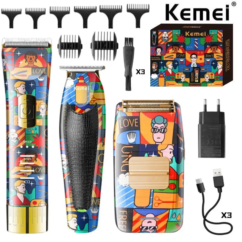 Kemei 3-in-1 professional grooming kit with hair trimmer, beard clipper, and electric shaver with accessories