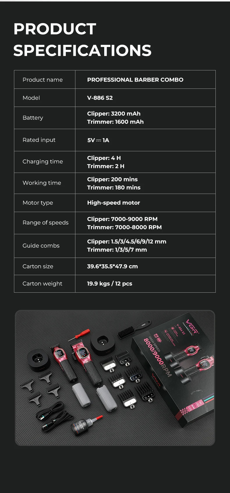 VGR high-end hair trimmer two-piece set metal body 9000 RPM hair clipper alloy blade head oil head carving push shear V-886 S2 - HAB - Hair And Beauty
