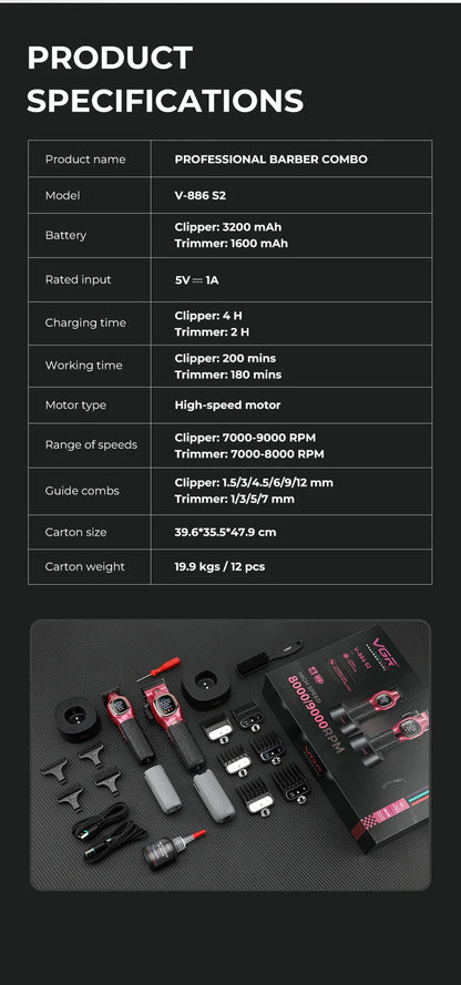 VGR high-end hair trimmer two-piece set metal body 9000 RPM hair clipper alloy blade head oil head carving push shear V-886 S2 - HAB - Hair And Beauty