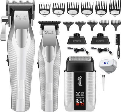 Kemei Barber Professional Hair Clipper Set Cordless Hair Trimmer Full Metal Body Electric Foil Shaver Hair Cutting Machine Razor - HAB - Hair And Beauty