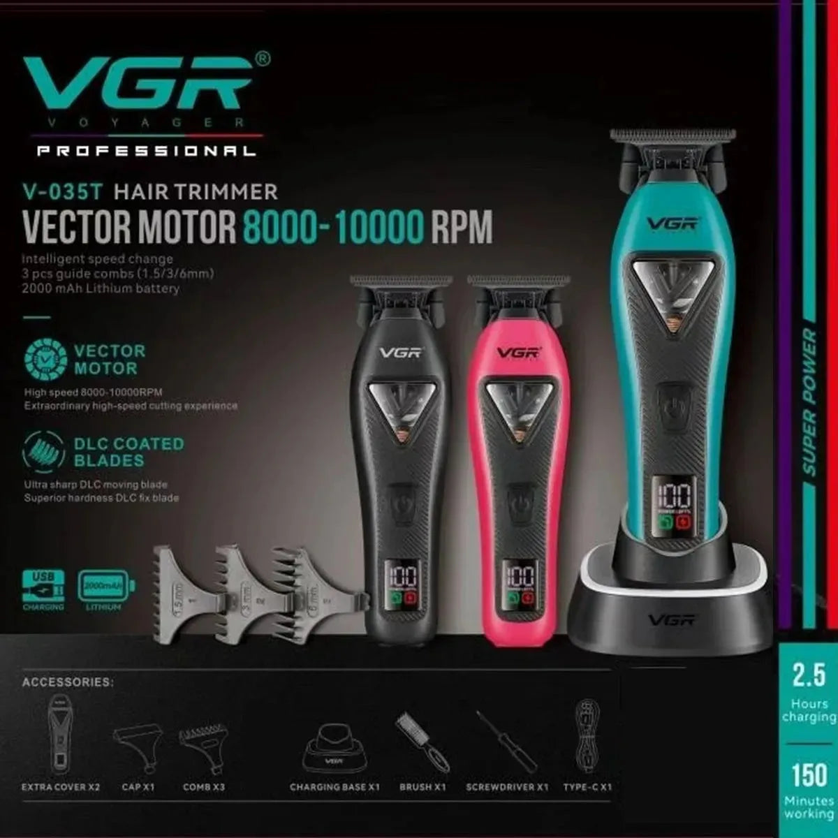 VGR Hair Trimmer Professional Hair Cutting Machine LED Cordless Barber Clipper Vector Motor 11000 RPM Hair Trimmer for Men V-035 - HAB - Hair And Beauty